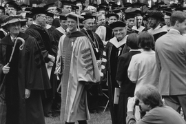 Paul Gray, who became chair of the MIT Corporation after stepping down as president, walked with MIT’s new president, Charles Vest, in the procession at the Institute’s presidential inauguration on May 10, 1991.