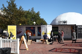 The exhibit embodied the MIT Campaign for a Better World, which has a simple goal: to use the vision and talent of people at MIT to take on urgent global challenges. The exhibit and another about MIT’s City Symphonies project, were part of sprawling village of shipping containers transformed into a brightly painted celebration of art, technology, and innovation, bustling with people exploring th...