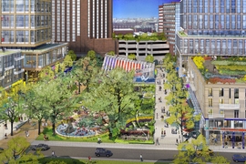 A view from above a large central open space as envisioned in a site plan example, looking south toward the Marriott. 