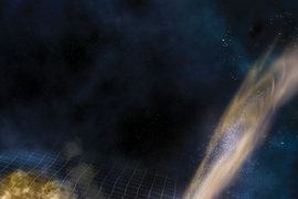 Artist’s illustration of two merging neutron stars. The rippling space-time grid represents gravitational waves that travel out from the collision, while the narrow beams show the bursts of gamma rays that are shot out just seconds after the gravitational waves. Swirling clouds of material ejected from the merging stars are also depicted. The clouds glow with visible and other wavelengths of lig...
