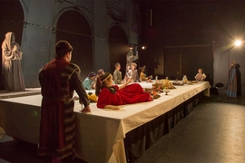 For the MIT production of the 2017 play “Everybody,” the medieval banquet scene from Hugo von Hofmannsthal’s 1911 play “Jedermann” was performed as a prelude — to show the historical roots of the themes in “Everybody.” Both plays are based on the 15th century English morality play “Everyman."
