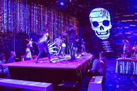 For the "danse macabre" scene in “Everybody,” Sara Brown, MTA director of design, collaborated with senior Brandon Sanchez, who served as the associate designer and created the larger-than-life skeleton for the set.