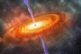 Artist’s conceptions of the most-distant supermassive black hole ever discovered, which is part of a quasar from just 690 million years after the Big Bang. It is surrounded by neutral hydrogen, indicating that it is from the period called the epoch of reionization, when the universe's first light sources turned on.
