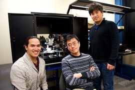 From left: MIT researchers Scott H. Tan, Jeehwan Kim, and Shinhyun Choi
