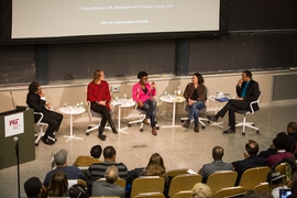 A panel of MIT scholars followed West’s talk with a discussion. From left: Sasha Costanza-Chock, the Mitsui Career Development Associate Professor in Contemporary Technology; Joy Buolamwini, a PhD student at the MIT Media Lab; Jennifer Light, chair of the MIT program in Science, Technology, and Society; and moderator Ceasar McDowell, professor of civic design in MIT’s Department of Urban Studi...