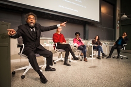 Cornel West (far left) speaking at MIT on Feb. 7.