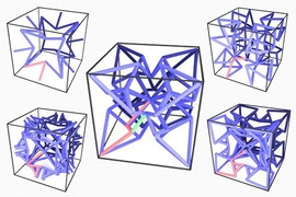 New software identified five different families of microstructures, each defined by a shared “skeleton” (blue), that optimally traded off three mechanical properties.