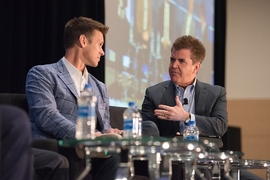 Seattle Mariners General Manager Jerry DiPoto (left) and sports broadcaster Brian Kenny (right) during the MIT Sloan Sports Analytics Conference, on Feb. 23.