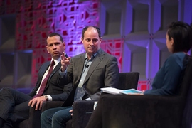 Former baseball star and current broadcaster Alex Rodriguez (left) and analyst Nate Silver, founder of FiveThirtyEight, during the MIT Sloan Sports Analytics Conference on Feb. 23.