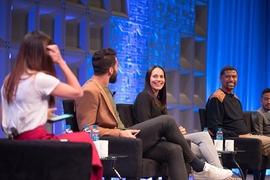 WNBA star Sue Bird (center) and former NBA star Jalen Rose (right), during the MIT Sloan Sports Analytics Conference on Feb. 24.
