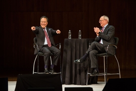 Ma was joined onstage by President Reif. In his lecture, he called MIT “one of my favorite places in the world” because of its “sheer energy” and “spirit of inquiry.”