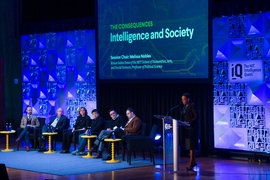 Melissa Nobles (far right), Kenan Sahin Dean of the MIT School of Humanities, Arts, and Social Sciences, introduced the panel discussion, "The Consequences: Intelligence and Society," at the launch of the MIT Intelligence Quest on March 1. From left, Gideon Lichfield, editor-in-chief, MIT Technology Review; Rodney Brooks, Panasonic Professor of Robotics, emeritus; Megan Smith, founder and CEO, shi...