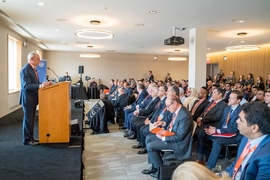 President L. Rafael Reif addresses the March 24 "Innovation to Impact" forum, which was hosted by MIT and focused on Saudi Arabia's economy.