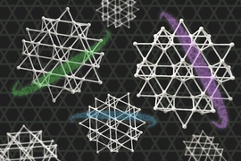 An illustration depicting a kagome metal — an electrically conducting crystal, made from layers of iron and tin atoms, with each atomic layer arranged in the repeating pattern of a kagome lattice. 