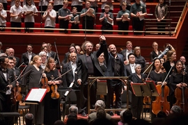 MIT composer Tod Machover, center-left, and Yannick Nézet-Séguin, conductor of the Philadelphia Orchestra, center-right, at the conclusion of Machover’s new symphony “Philadelphia Voices,” at the Kimmel Center in Philadelphia, Thursday, April 6, 2018. 