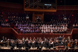 The Philadelphia Orchestra performs MIT composer Tod Machover’s new symphony, “Philadelphia Voices,” along with the Westminster Symphonic Choir, the Pennsylvania Girlchoir, and the Sister Cities Girlchoir, at the Kimmel Center in Philadelphia, on Thursday April, 6, 2018. 