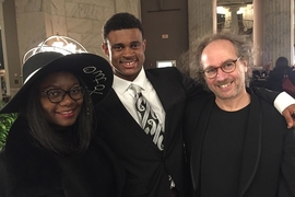 MIT composer Tod Machover along with writers Jayda Hepburn and Cameron Coles, who contributed texts used in the libretto of Machover’s new symphony, “Philadelphia Voices,” which premiered in Philadelphia on April 5, 2018. 