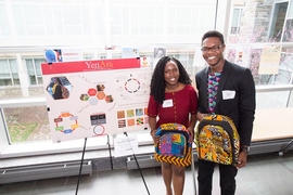 The YenAra (in Twi, a local language in Ghana, meaning “our very own”) backpacks team, now in AFEP, is developing advanced, functional, yet stylish backpacks that encourage individuals to showcase their creativity through socially responsible ways. Pictured are two of the founders, Sedinam Worlanyo (left) and Bolutife Fakoya, both Swarthmore College alumni, presenting at Swarthmore SwatTank An...