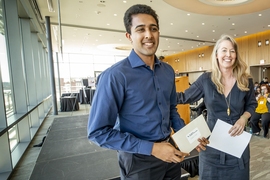 Grand prize winner of $15,000 at the annual MIT IDEAS Global Challenge showcase and awards ceremony went to Umbulizer, a team developing a low-cost, portable ventilator for patients in rural areas where medical resources are scarce and unreliable. Pictured is team member Moiz Imam, a senior in mechanical engineering at MIT, accepting the award from Kate Trimble, senior director of the Priscilla Ki...