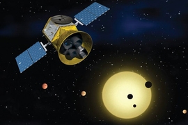 NASA's Transiting Exoplanet Survey Satellite (TESS), shown here in a conceptual illustration, will identify exoplanets orbiting the brightest stars just outside our solar system.