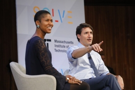 Canada’s Prime Minister Justin Trudeau, right, was interviewed onstage at Kresge Auditorium by Media Lab assistant professor Danielle Wood, who then took questions from the capacity audience.