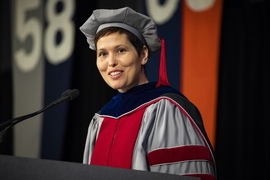 Scholar and journalist Candis Callison SM ’02 PhD ’10 gave the keynote speech at MIT’s Investiture of Doctoral Hoods, June 7, 2018.