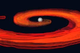 Artist’s depiction of the last instances of a neutron star and black hole merger, as the neutron star is destroyed by the tidal pull of the black hole (at the center of the disk).