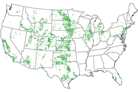 Based on measurements taken at more than 100,000 wells around the country, the MIT researchers identified these locations, indicated by green dots, that have a combination of a severe shortage of freshwater, and a large reserve of brackish groundwater that could potentially be desalinated and used.
