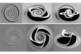 At left, different patterns of slices through a thin metal foil, are made by a focused ion beam. These patterns cause the metal to fold up into predetermined shapes, which can be used for such purposes as modifying a beam of light.