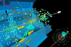 A candidate event display for the production of a Higgs boson decaying to two b-quarks (blue cones), in association with a W boson decaying to a muon (red) and a neutrino. The neutrino leaves the detector unseen, and is reconstructed through the missing transverse energy (dashed line). 