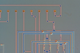 This microscope image shows details of the structure of a mini-spectrometer device.