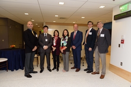From left to right: Brian Anthony, principal research scientist at SENSE.nano, director of the Master of Engineering in Manufacturing Program, and co-director of the Medical Electronic Device Realization Center; Ricky Lai, Linda Tang, and Maggie Zhu, representing the Tang family; Martin A. Schmidt, MIT provost; Edward Cunningham PhD ’09; and Jesús de Álamo, director of the Microsystems Technol...
