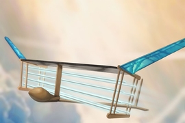 A new MIT plane is propelled via ionic wind. Batteries in the fuselage (tan compartment in front of plane) supply voltage to electrodes (blue/white horizontal lines) strung along the length of the plane, generating a wind of ions that propels the plane forward. 