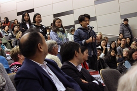 Members of the audience asking questions to author Min Jin Lee speaking at MIT’s CIS Starr Forum event on Oct 30