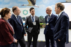 Erik Landry (center) of MIT’s Office of the Vice President for Research spoke with British Columbia’s climate minister George Heyman (far right) at the COP24 U.N. Climate Change Conference in Katowice, Poland. Joining the conversation were (left to right): Claude Nahon of EDF, Sergey Paltsev of MIT, and Sir Philip Lowe of the World Energy Council.