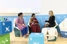 Kathleen Kennedy (right), executive director of MIT’s Center for Collective Intelligence, moderated a discussion with winners of a recent contest organized with Climate CoLab, that asked communities to propose local solutions to their climate challenges. The winners are from the Mahila Housing SEWA Trust in India, which empowers women in impoverished communities that are vulnerable to climate ch...