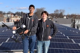 Raptor Maps co-founders Nikhil Vadhavkar, left, and Eddie Obropta ’13 SM ’15. A third co-founder, Forrest Meyen SM ’13 PhD ’17, left the company in 2016.