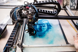 ArtMatr's oil-based painting robot, which they call a programmable brush, brings two formerly separate worlds together: the computational precision that machines bring and the chaotic yet beautiful interaction of painting materials. Digital images are put onto the canvas, where the machine introduces a variety of mechanical modulations of the pigment on each print stroke.
