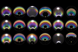 Seen from above, transparent droplets in a Petri dish, illuminated with white light, appear as varying colors, depending on their size and shape.