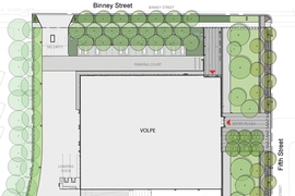 The new U.S. DOT Volpe building will be located in the middle of a four-acre parcel at the northwest corner of the 14-acre Volpe site adjacent to Binney Street and Loughrey Way.  The landscape plan includes over 100 new diverse native species trees.