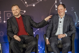 Houston Rockets general Manager Daryl Morey, left, with writer and analyst Nate Silver, right, at the MIT Sloan Sports Analytics Conference, Saturday March 2, 2019.