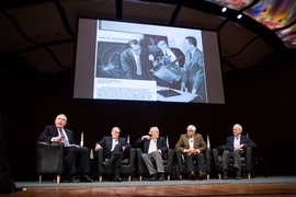 The “Engineering Apollo” panel featured, from left, moderator John Tylko, retired Apollo astronauts Walter Cunningham and Charles Duke, and Apollo engineers Donald Eyles and William Widnall.