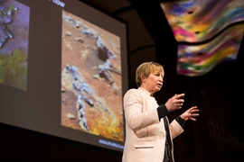 Maria Zuber, MIT vice president for research and the E.A. Griswold Professor of Geophysics, showed the audience evidence of water on Mars, in her keynote address, “The Moon and Mars: What Remains to be Discovered?”