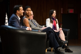 MIT faculty — from left, Paulo Lozano, Danielle Wood, Richard Binzel, and Sara Seager — showcased projects from their groups in the panel “Inventing the Future.”