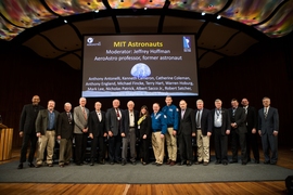 The Apollo astronauts and engineers were joined onstage by some of MIT’s astronaut alumni, including two active astronauts, Mike Fincke and Warren Hoburg (in blue jackets).