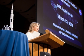 Dava Newman, the Apollo Program Professor of Astronautics and former NASA deputy administrator, kicked off the symposium to celebrate the legacy of Apollo.