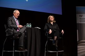 MIT President L. Rafael Reif and singer Renée Fleming onstage for audience questions after the Spring 2019 Compton Lecture at MIT’s Kresge Auditorium.