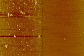 The image on the right shows a graphene sheet coated with wax during the substrate-transfer step. This method drastically reduced wrinkles on the graphene’s surface compared to a traditional polymer coating (left).