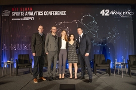 Members of the panel on “Unlocking Potential: The Next Generation of Tracking Data,” at the MIT Sloan Sports Analytics Conference, Saturday, March 2, 2019. From left: Patrick Lucey, vice president of Artificial Intelligence, STATS; Kirk Goldsberry, NBA Analyst, ESPN; Rachel Marty Pyke,  Data Scientist, Noah Basketball; panel moderator Shira Springer, sports and society reporter, NPR and WBUR; ...