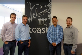 (l-r) Toast Co-founder and President Steve Fredette ’06; CEO Chris Comparato; Co-founder and President Aman Narang ’04 SM ’06; and Co-founder and CTO Jonathan Grimm ’07.
